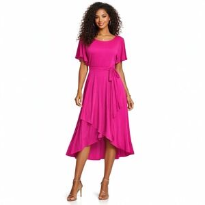 NWT Anne Klein Hot Pink Faux Wrap Midi Dress Size 16 Jersey Knit Flutter Sleeve